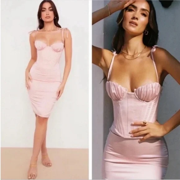 HOUSE OF CB 'Alma' Blush Pink Satin Corset Midi Dress NWOT size XS - Picture 2 of 9
